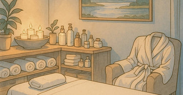 A serene spa setup with calming towels, essential oils, a diffuser, and skincare products arranged neatly on a tray, representing a professional crisis kit for client relaxation.