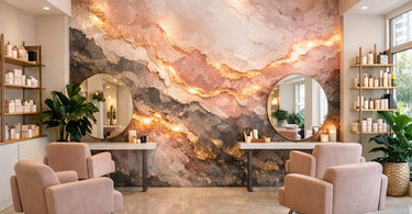 A beautifully designed salon feature wall with textured panels, a neon sign, and stylish shelves displaying professional beauty products, creating an inviting and Instagram-worthy focal point.