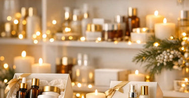 A beautifully arranged holiday gift guide display featuring professional spa retail products, candles, and festive packaging on a cozy wooden table.