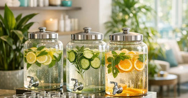A serene spa hydration station setup with glass water dispensers, fresh cucumber and mint, and elegant glassware on a wooden counter, ready for clients and staff.