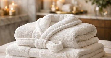 A luxurious spa setting showcasing neatly folded, high-quality white towels and plush robes arranged on a sleek shelf, evoking a sense of calm and professional elegance.