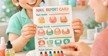 A nail technician and client collaborating over a nail health report card during a consultation in a modern salon