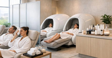 A serene and inviting post-workout recovery lounge featuring modern zero-gravity chairs, soft lighting, and wellness equipment in a med spa setting.