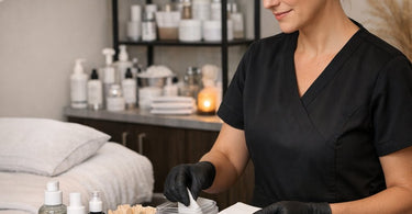 Relaxing shared salon suite interior with warm lighting, massage table, and professional spa products displayed on a wooden shelf.