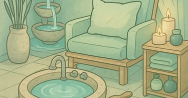 A serene sensory-friendly pedicure setup showing calm lighting and comfortable seating