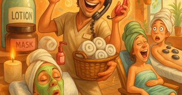 Spa owner working on a laptop and planning content with spa products in the background