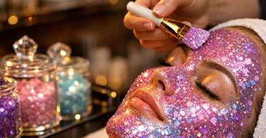 Close-up of a spa professional mixing a luxurious pink powdered rose quartz mask in a ceramic bowl, with raw crystals and skincare brushes nearby.