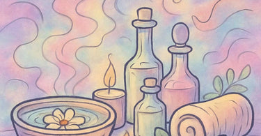 Aesthetic arrangement of hair color products with essential oils and mixing bowls for creating signature scented color services