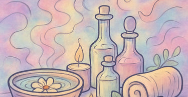 Aesthetic arrangement of hair color products with essential oils and mixing bowls for creating signature scented color services