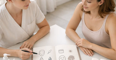A beautiful, organized skincare journal with a pen, fresh flowers, and luxurious spa products like serum bottles and a facial roller on a linen tablecloth.