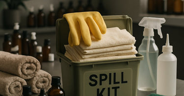 A well-organized professional spill kit for salons and spas, containing absorbent pads, gloves, safety goggles, disposal bags, and cleaning supplies laid out on a clean surface