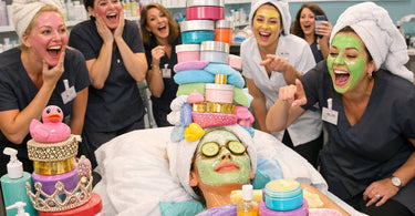 A diverse team of spa and salon professionals smiling and collaborating during a training session in a modern treatment room