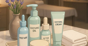 A beautifully arranged waxing aftercare kit on a spa towel, featuring post-wax lotion, ingrown hair serum, a gentle exfoliating scrub, and a moisturizer