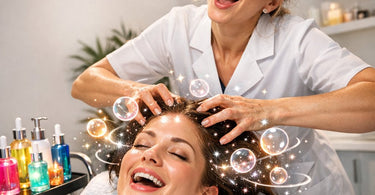 A spa professional performing a relaxing scalp massage on a client, with bottles of stimulating serum visible in the foreground.