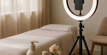 Spa owner efficiently batch-creating Instagram Reels on a phone with spa products organized nearby