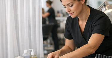 Cozy open concept salon treatment area with soft curtains and ambient lighting creating a private spa nook