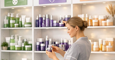 A professional spa retail display featuring clean acrylic organizers with skincare products grouped for acne, aging, and dryness concerns.