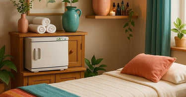 Professional towel cabi filled with warm rolled towels in a spa treatment room