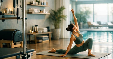 A massage therapist in comfortable clothing performing a yoga pose on a mat, demonstrating cross-training for bodywork professionals