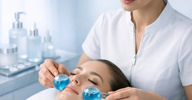 Esthetician using a cryo tool on a client's face during a facial treatment in a professional spa setting.