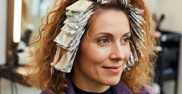 A client with curly hair in foils, getting her hair colored at a salon.