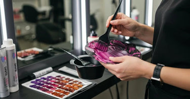 Custom hair color mixing tools and swatches in a salon setting