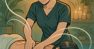 Massage therapist communicating with client during treatment session