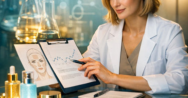 A detailed close-up of a scientific report and a vial of skincare serum, symbolizing the validation of beauty product claims through clinical research