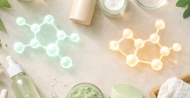 Close-up of a skincare professional analyzing a product ingredient list with various spa bottles in the background