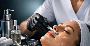 Dermaplaning Supply Guide: Blades, Sanitizing, Technique, and Client Contraindications - Professional esthetician holding a dermaplaning tool and blade against a clean, sterile background.