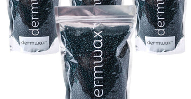 Dermwax California Ocean Blue Stripless Hard Wax Beads in bag and poured out, showing vibrant blue color and bead form.