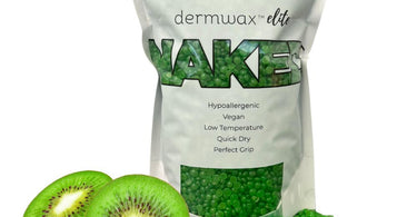 Dermwax Elite Naked Sparkle Kiwi Hard Wax Beads in a clear bag showing vibrant green beads next to a white wax warmer.