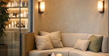 A cozy and professional spa consultation area, or consultation cubby, designed for private conversations with clients, featuring comfortable seating and product displays.