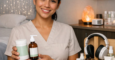 A serene, low-sensory treatment room featuring soft neutral tones, a plush massage table with a weighted blanket, dim ambient lighting, and sensory-friendly tools for a calming spa experience.