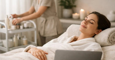 A relaxed woman in a spa robe using her smartphone while receiving a beauty treatment, representing the modern multitasking client.