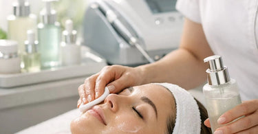 Professional desincrustation lotion bottle and applicator alongside electrolysis tools on a spa towel