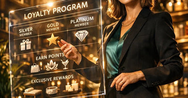 A spa professional hands a loyalty program card to a smiling client in a luxurious treatment room.