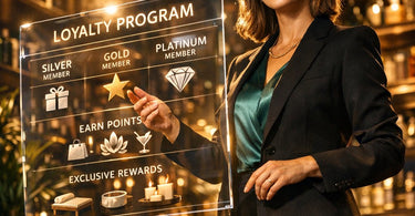 A spa professional hands a loyalty program card to a smiling client in a luxurious treatment room.