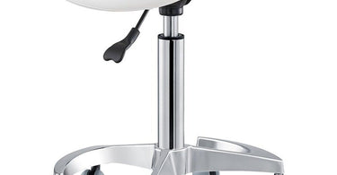 DIR Harmony Medical Saddle Stool in white with adjustable height and 6-wheel base for spa and salon professionals