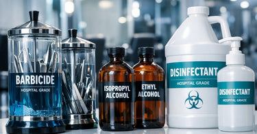 Barbicide, Hospital Grade Disinfectant, and Isopropyl Alcohol bottles arranged on a salon counter, representing key disinfection products for spas and salons.