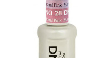 DND Mood Gel Polish in shade #28 Mauve to Coral Pink shown in a bottle and swatched on a nail tip.