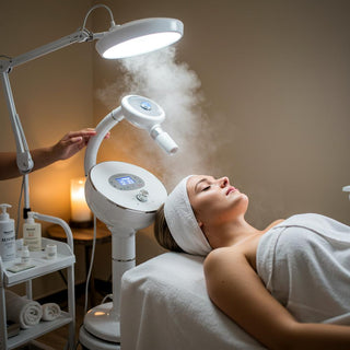 Dermatologist examining a facial steamer in a spa setting