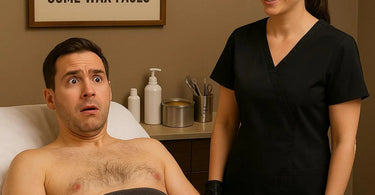 Man getting his face waxed at a spa, looking both brave and slightly apprehensive