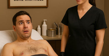 Man getting his face waxed at a spa, looking both brave and slightly apprehensive