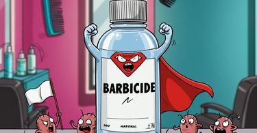 Barbicide jar and lice comb showing proper salon disinfection for lice prevention