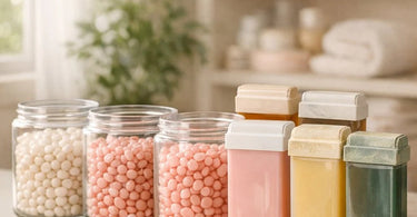 An assortment of professional wax beads and a wax cartridge arranged on a surface, representing the topic of wax expiration and storage for salon professionals.
