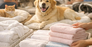 A happy dog snuggled into a pile of soft, clean towels and blankets in an animal shelter setting