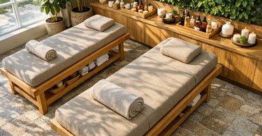 A serene spa treatment room featuring a modern, eco-friendly facial bed with sustainable wooden frame and plush, natural-toned upholstery.