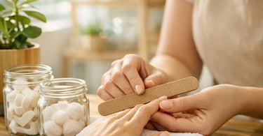 Close-up of compostable nail files and biodegradable toe separators on a spa towel, showcasing eco-friendly salon tools