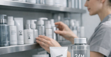 A well-organized professional spa treatment room with neatly labeled products stored in a clean, cool, and dark cabinet.